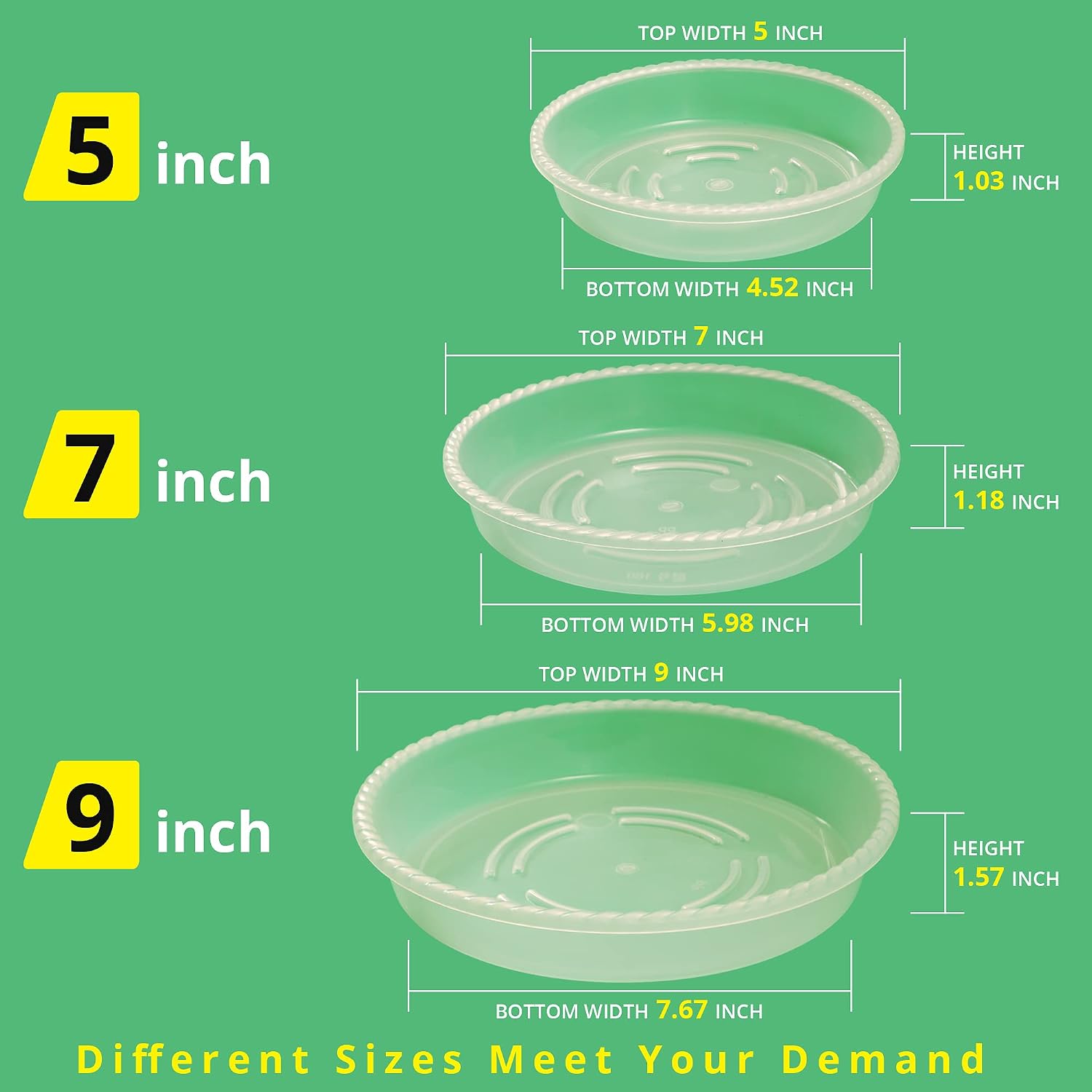 9 pack of 5'' & 7'' & 9'' clear plant saucer drip trays, plant tray for pots & plastic plant saucer, made of thicker & stronger plastic with large capacity design (5 inch x3+7 inch x 3+9 inch x 3) - view 2