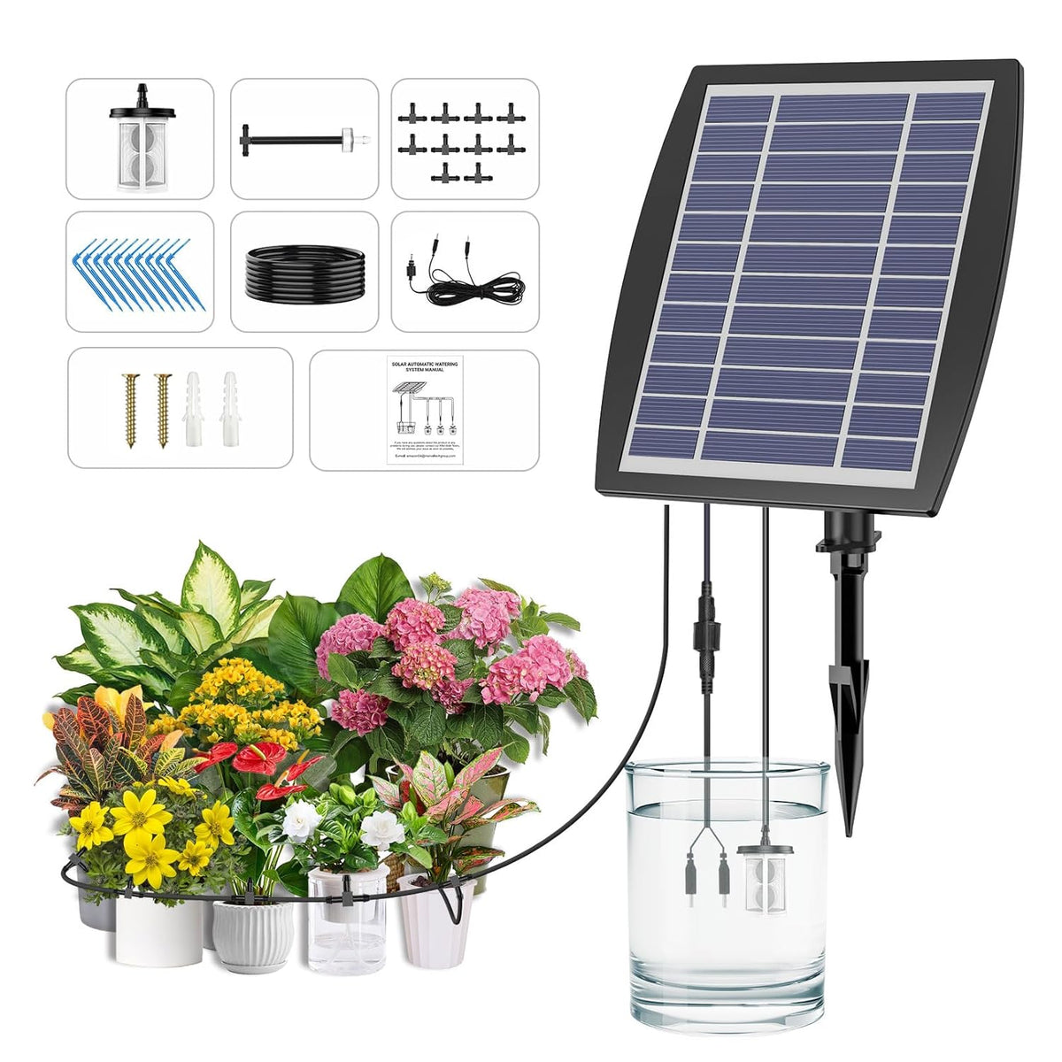 Solar drip irrigation system - supports 20-30 pots, 12 timing modes - drip irrigation kit, automatic plant garden watering system for outdoor plants, garden, and potted plants