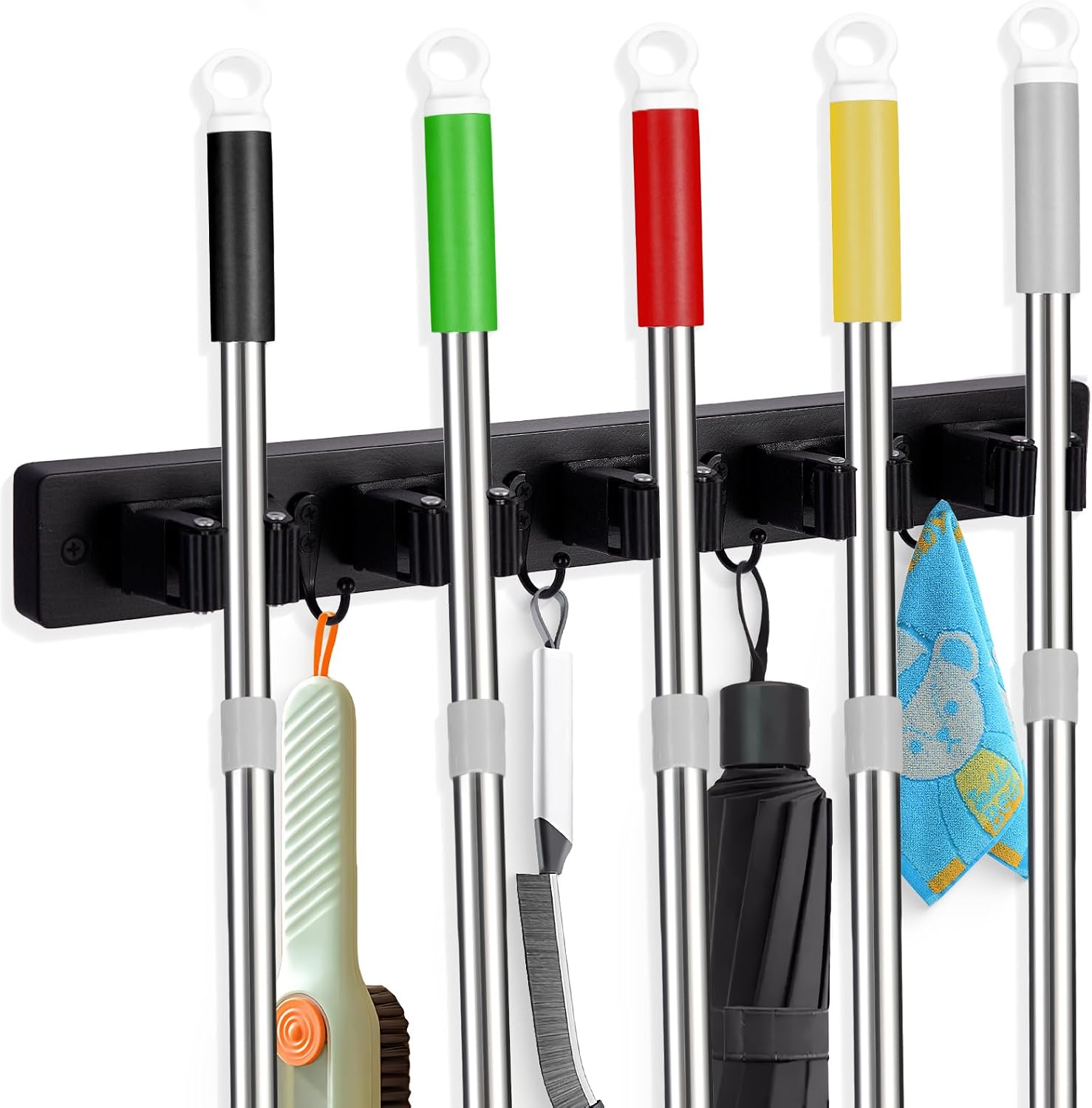 Broom Holder Wall Mount With 5 Slots & 4 Hooks，Rustic Wood Broom & Mop Hanger，Wall Mounted Garden & Garage Tool Storage Organizer Rack for Closet Laundry Room or Kitchen Wall Decor - view 5