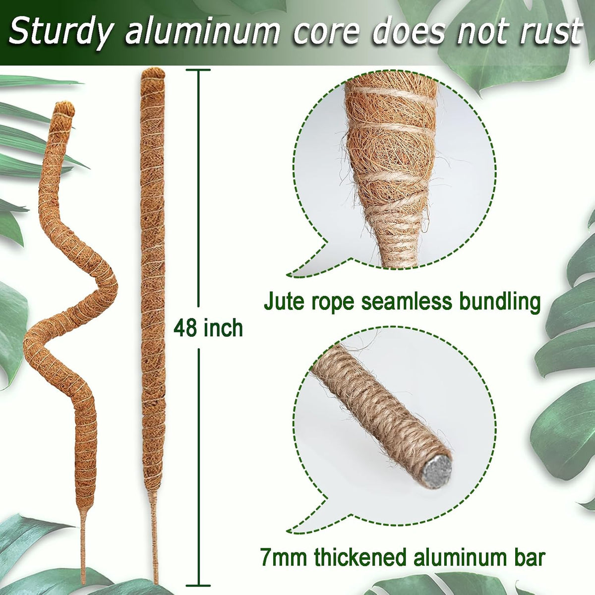2 pack 48'' bendable moss pole for climbing plants - tall handmade coco coir plant support stakes for large climbing indoor plants, potted houseplant trellis accessories - view 2