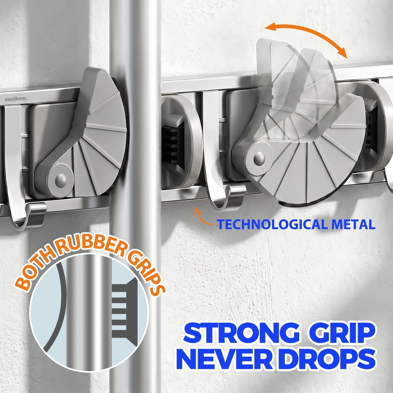 Mop Broom Holder Wall Mount Metal Pantry Organization and Storage Garden Kitchen Tool Organizer Wall Hanger for Home Goods (4 Positions with 4 Hooks, Silver) - view 3