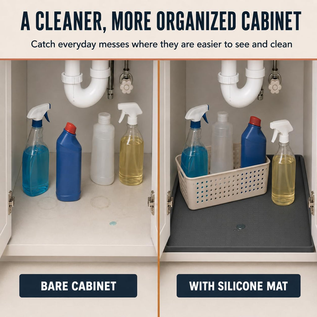 28"x19" Silicone Under Sink Mat for Bathroom/Kitchen Cabinet Organizer Mat | Leak-Proof Waterproof Liner Pad & Anti-Spill Tray | 0.7in Edge Barrier, 3.5Gal Capacity - view 4