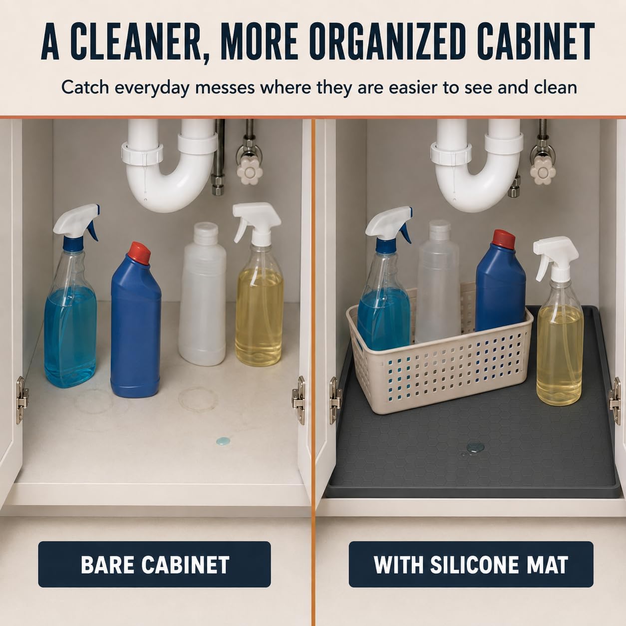 28"x19" Silicone Under Sink Mat for Bathroom/Kitchen Cabinet Organizer Mat | Leak-Proof Waterproof Liner Pad & Anti-Spill Tray | 0.7in Edge Barrier, 3.5Gal Capacity - view 4