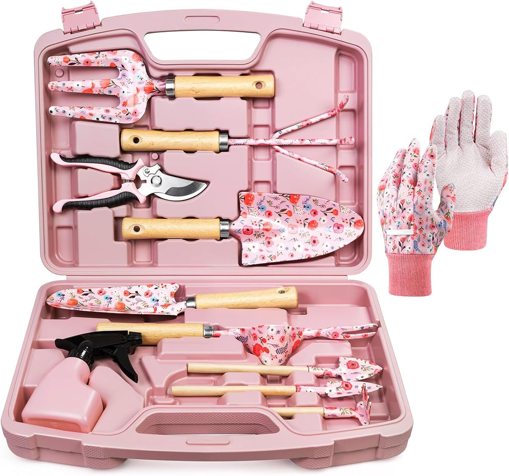 12-Piece Gardening Tool Set, Heavy-Duty Garden Tools for Women | Floral Print Rust-Proof Trowel, Rake, Weeder & Pruner with Hard Case, Ideal Gardening Set Gifts for Mom & Plant Lovers
