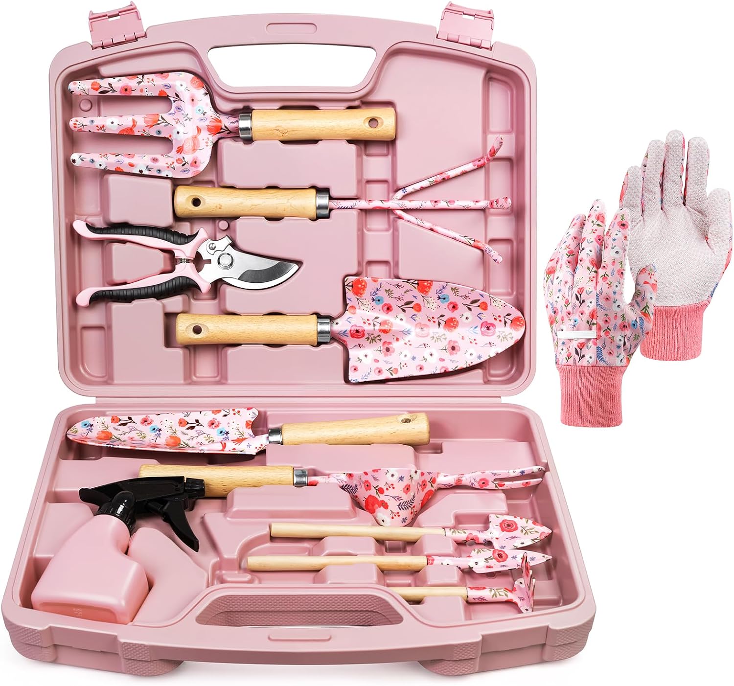 12-Piece Gardening Tool Set, Heavy-Duty Garden Tools for Women | Floral Print Rust-Proof Trowel, Rake, Weeder & Pruner with Hard Case, Ideal Gardening Set Gifts for Mom & Plant Lovers
