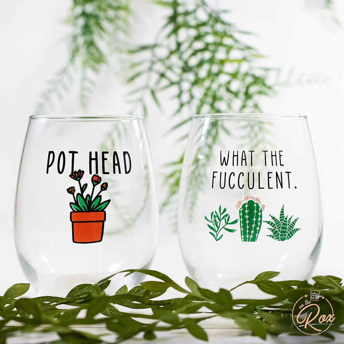 Succulent cactus gifts for women - set of 2 funny wine glasses 15oz - plant lover gift mug - what the fucculent - pot head crazy - plant lady wine glass tumbler - custom stemless wine glasses - view 4