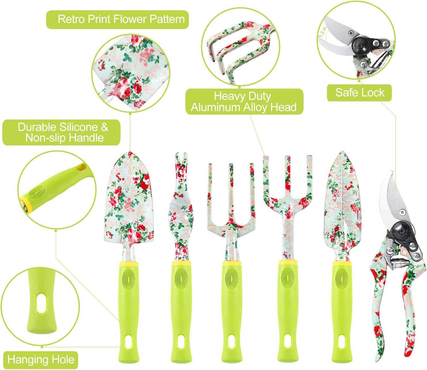 Gardening Tool Set - 13 PCS Heavy Duty Aluminum Gardening Tools Kit Floral Print Garden Tool Set with Non-Slip Rubber Handle & Durable Storage Tote Bag Gardening Supplies Gifts for Women Men - view 2