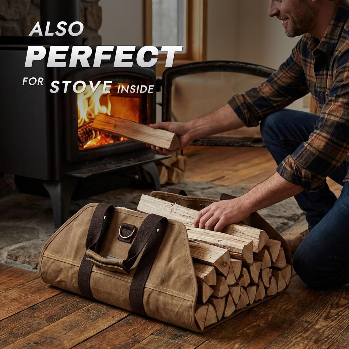 Waxed Canvas Firewood Carrier Tote | Large capacity for firewood transportation, fits hearth stove and fireplace, portable for indoor and outdoor storage - view 2
