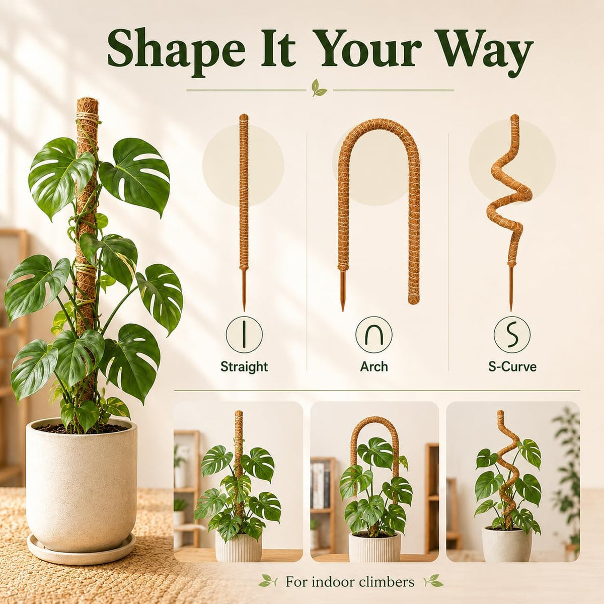Moss pole monstera plant support, 28 inch bendable coir pole for climbing plants, heavy-duty trellis plant sticks for indoor potted plants, includes jute rope & straps - view 5
