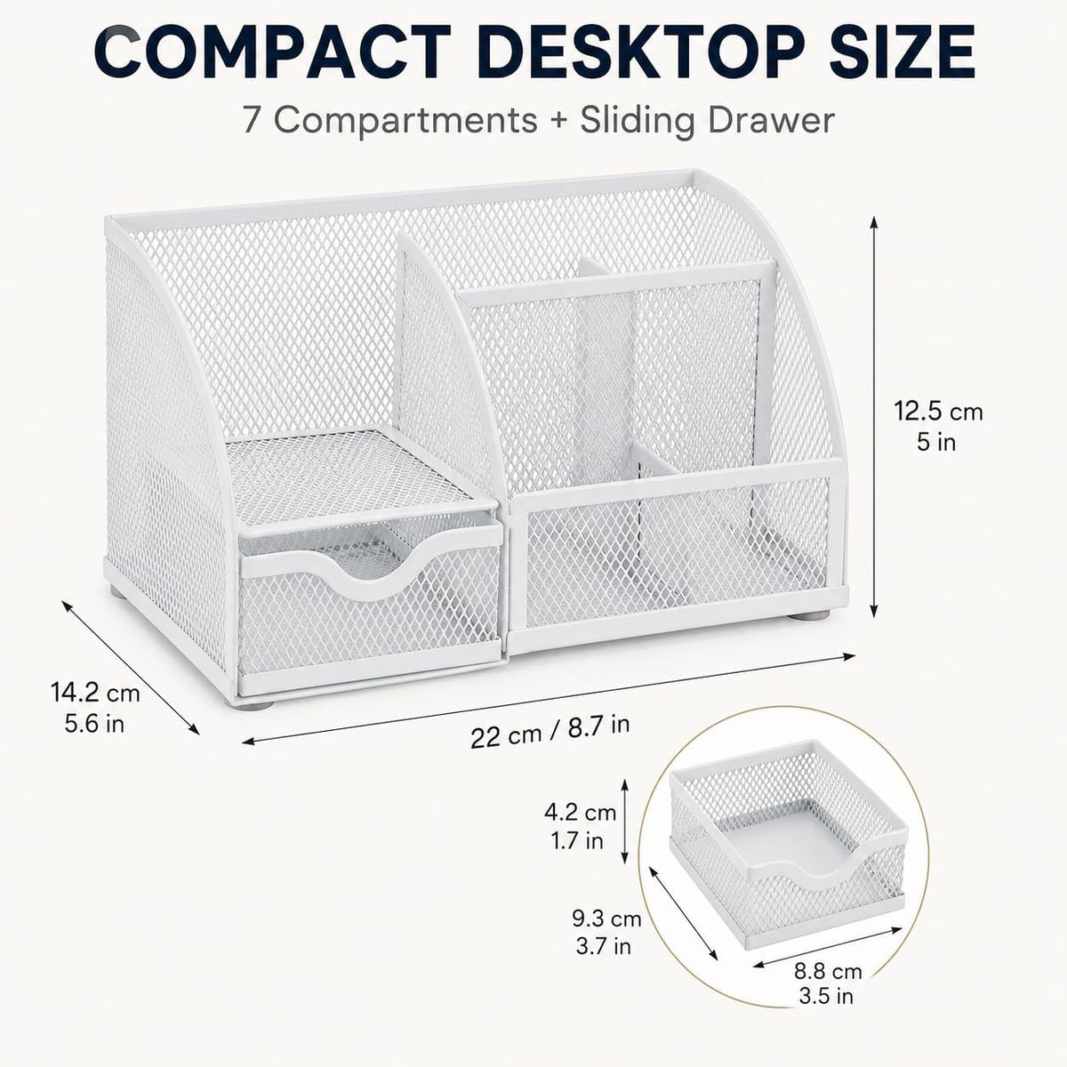 Desk Organizer 7 Compartments Metal Mesh Pen Holder Caddy White | Compact White Desktop Storage for Notes Clips Scissors Rulers Craft Tools Makeup Study and Home Use - view 2
