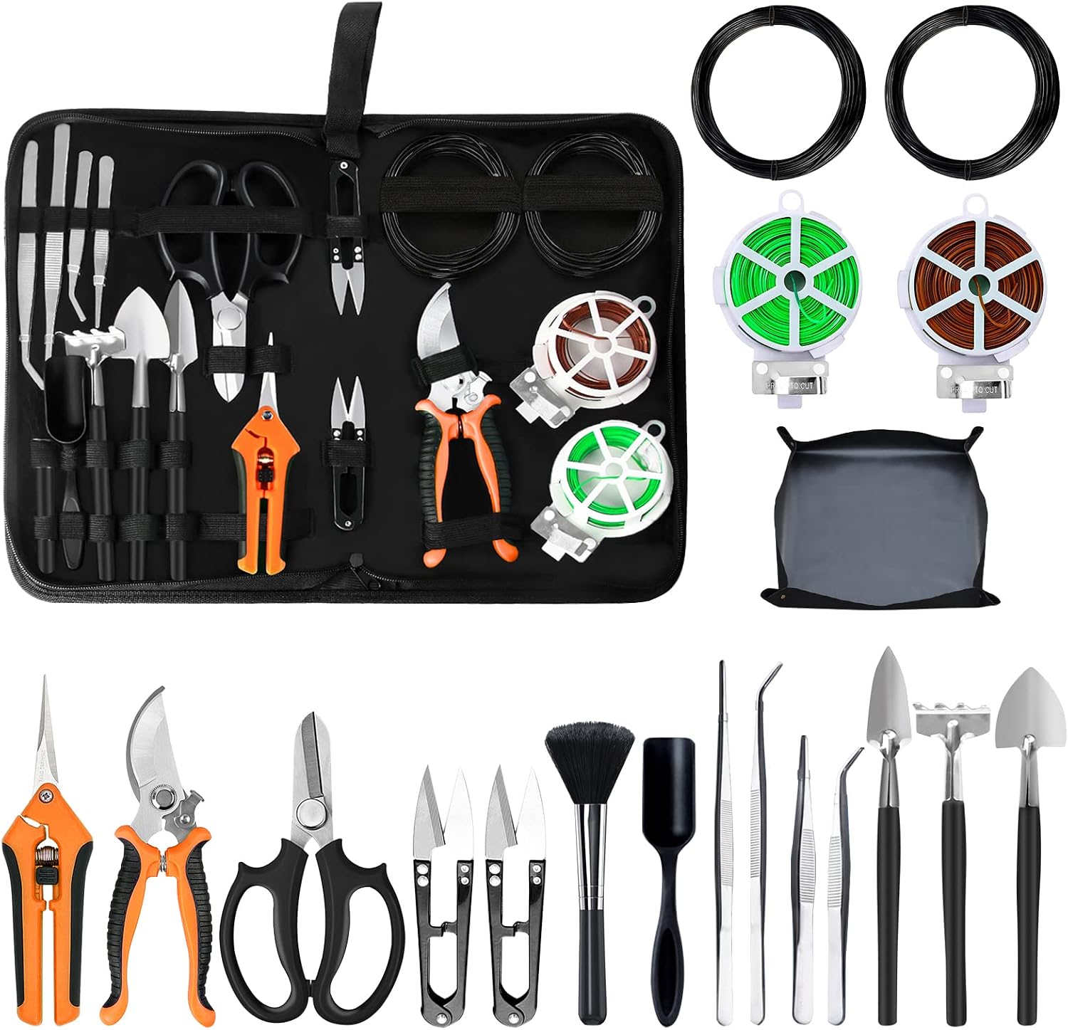 Bonsai tools set, 20 pcs gardening succulent tree indoor beginner tool kit, include 262 feet bonsai wire, 29.5"x29.5" plant repotting mat, leather bag, bonsai scissors, pruning shears, gifts for women | include 262 feet bonsai wire, 29.5"x29.5" plant repo