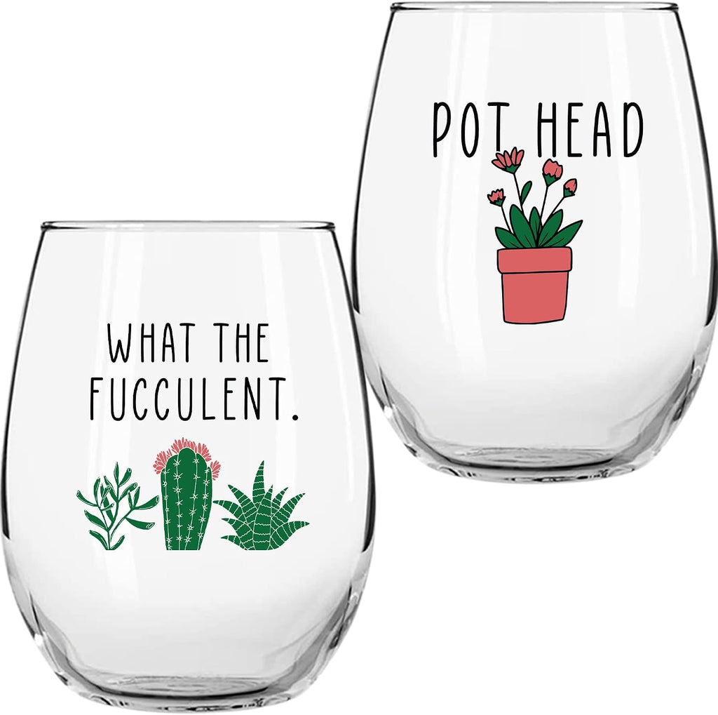 Succulent cactus gifts for women - set of 2 funny wine glasses 15oz - plant lover gift mug - what the fucculent - pot head crazy - plant lady wine glass tumbler - custom stemless wine glasses