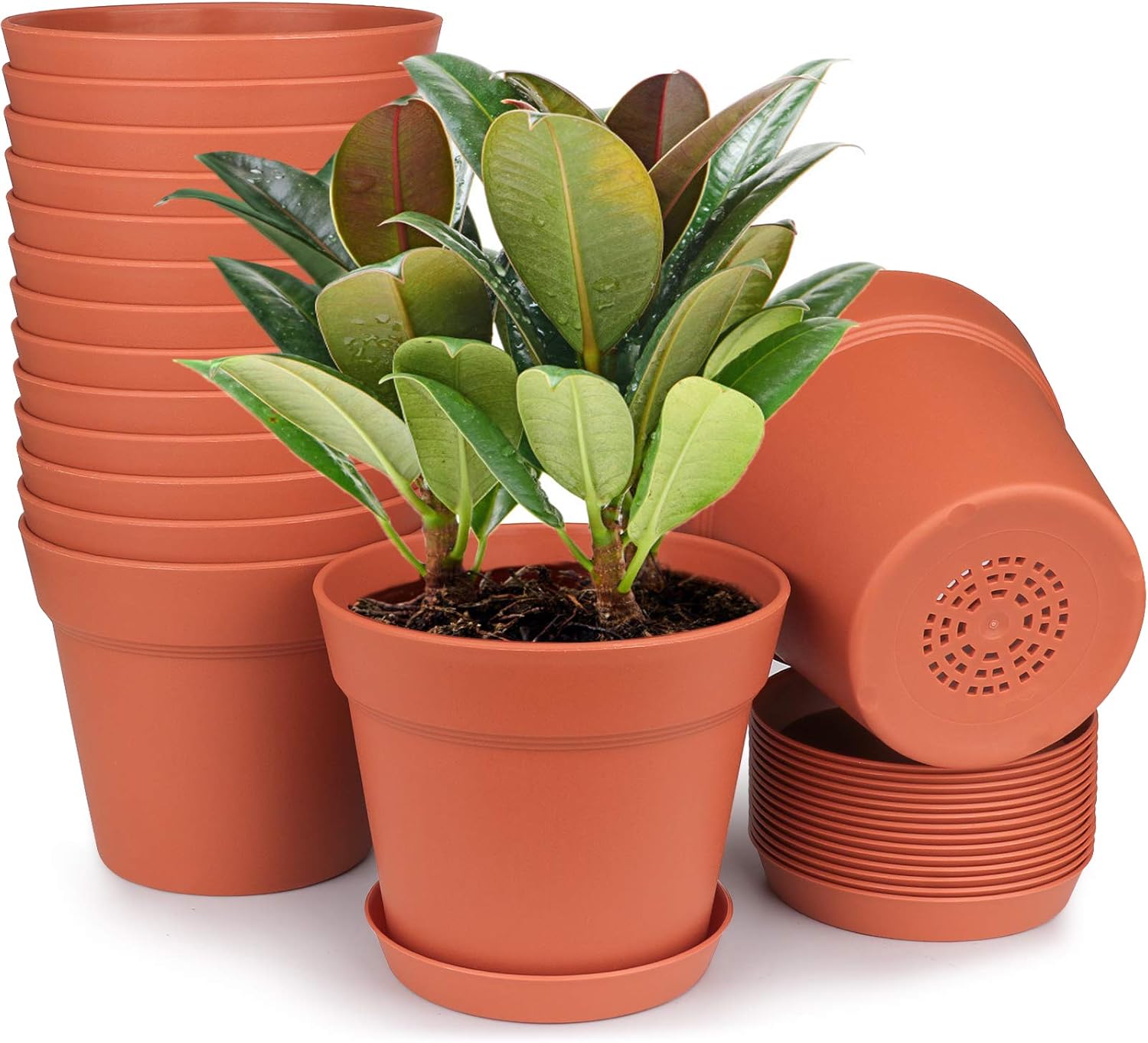 7.5 Inch Plastic Flower Pots with Drainage Holes and Trays (8 Pcs) | Cream white indoor planters suit orchids, snake plants, herbs and succulents for windowsills, balconies, gardens and offices. - view 4