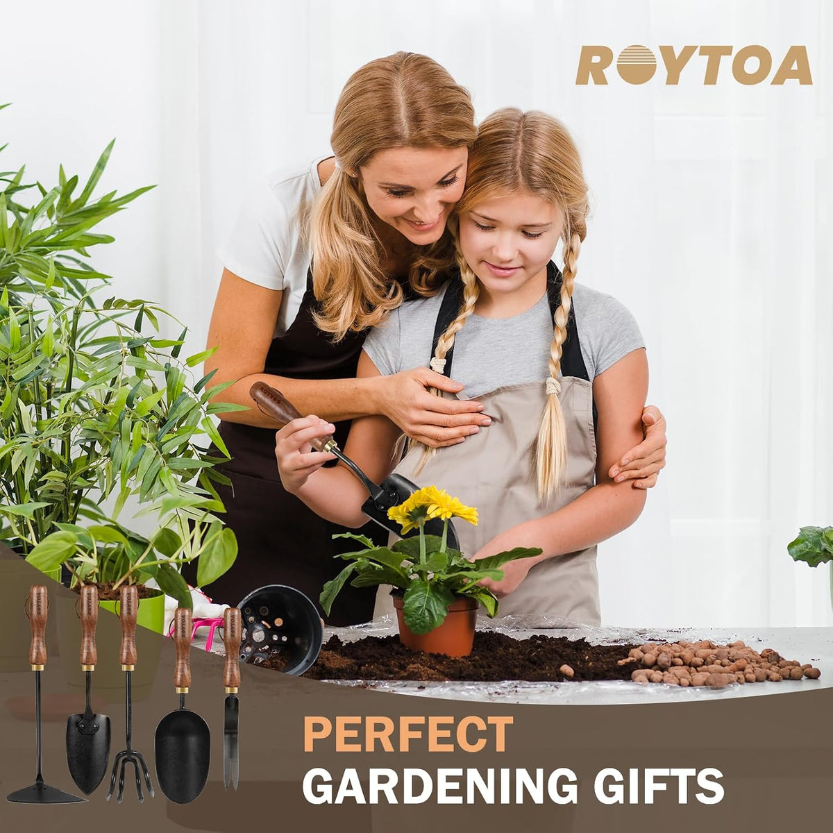 Garden Tool Set, 5PCS Gardening Tools, Stainless Steel Heavy Duty Hand Cultivator, Hoes, Shovel, Trowel and Weeder with Ergonomic Walnut Handle, Gardening Gifts for Women - view 5