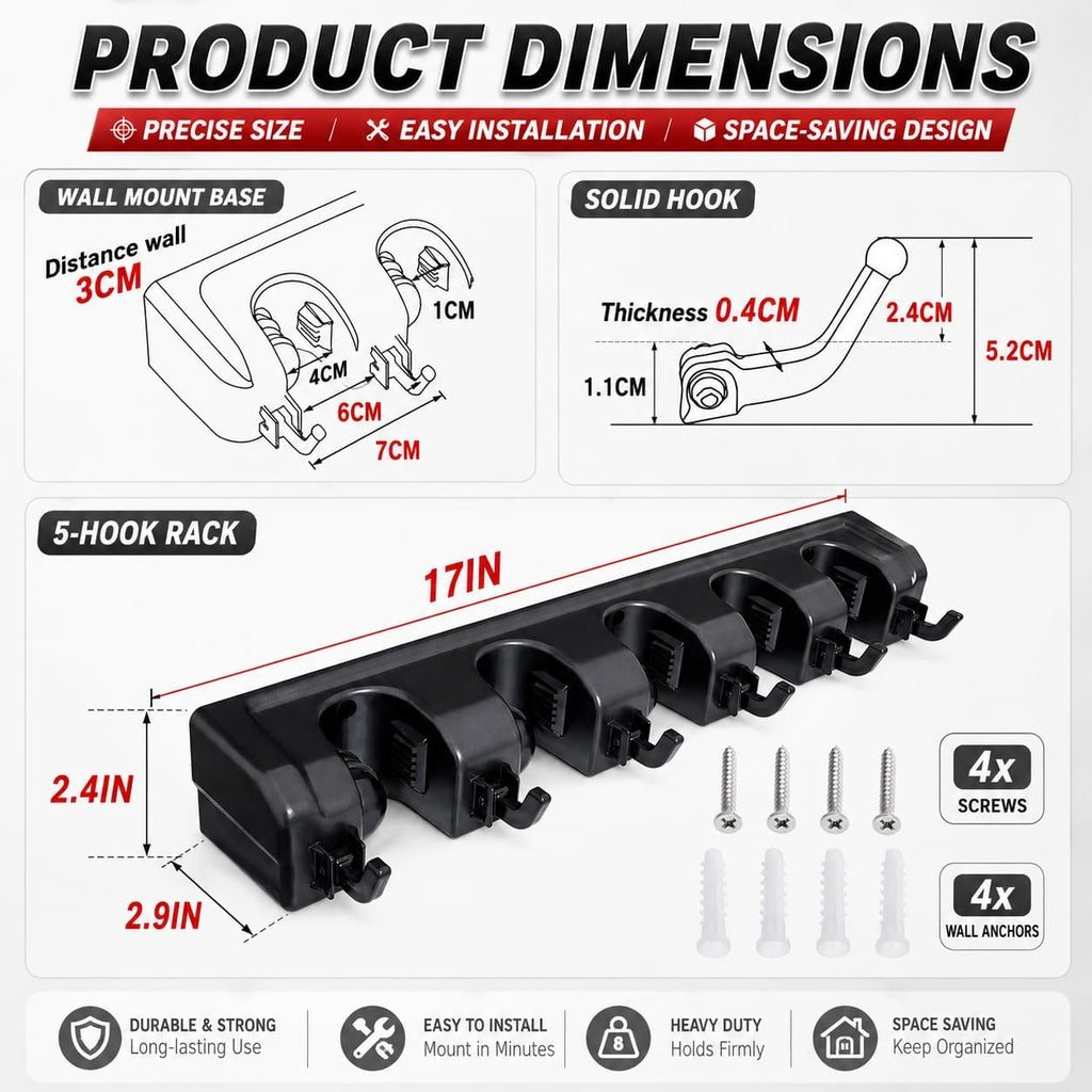 Broom Hanger Wall Mount Broom and Mop Organizer Wall Hanging Garden Tool Organizers Rack Garage Laundry Room Organizations and Storage with Hooks Heavy Duty - view 4