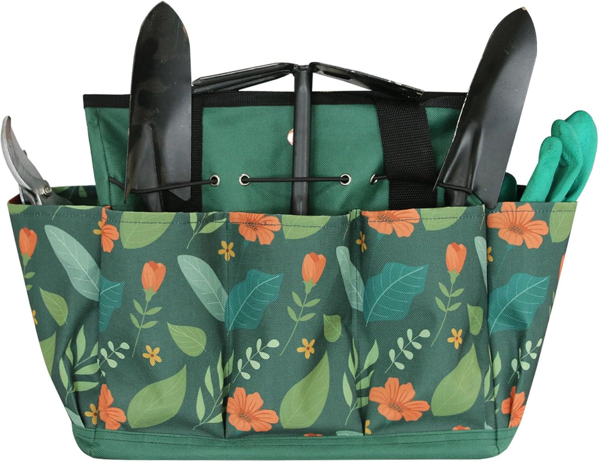 Waterproof Garden Tool Bag, 600D Oxford Portable Gardening Tote with Handle & Multi Pockets, Ideal Gifts for Parents Women (Green Flower, Tools Not Included)