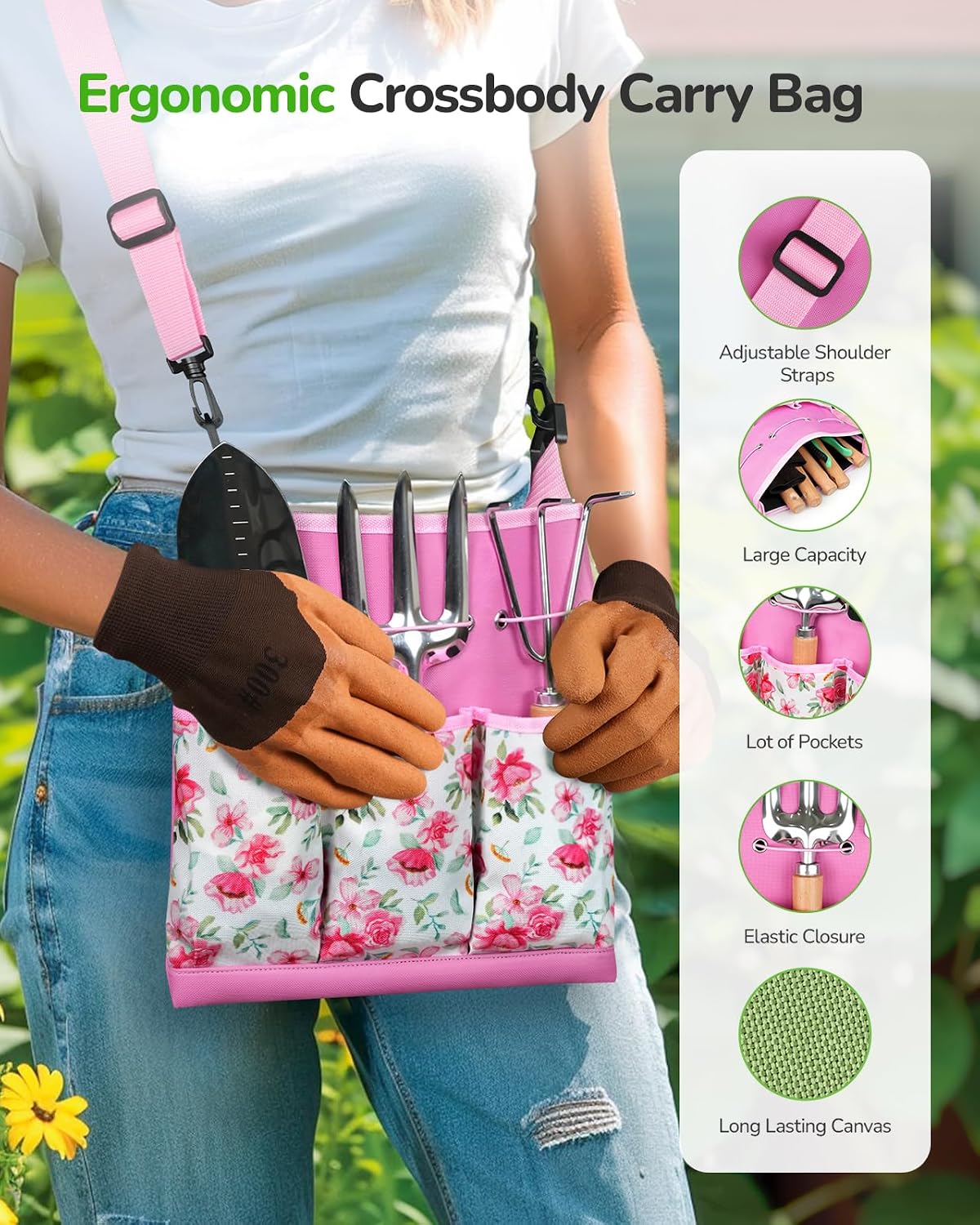 Gardening Tools Set, 11-Piece Rust-Proof Kit with Bag, Pink | Steel garden tool sets with canvas bag, Rust resistant kit for outdoor planting, Gardening gifts for women and men - view 3
