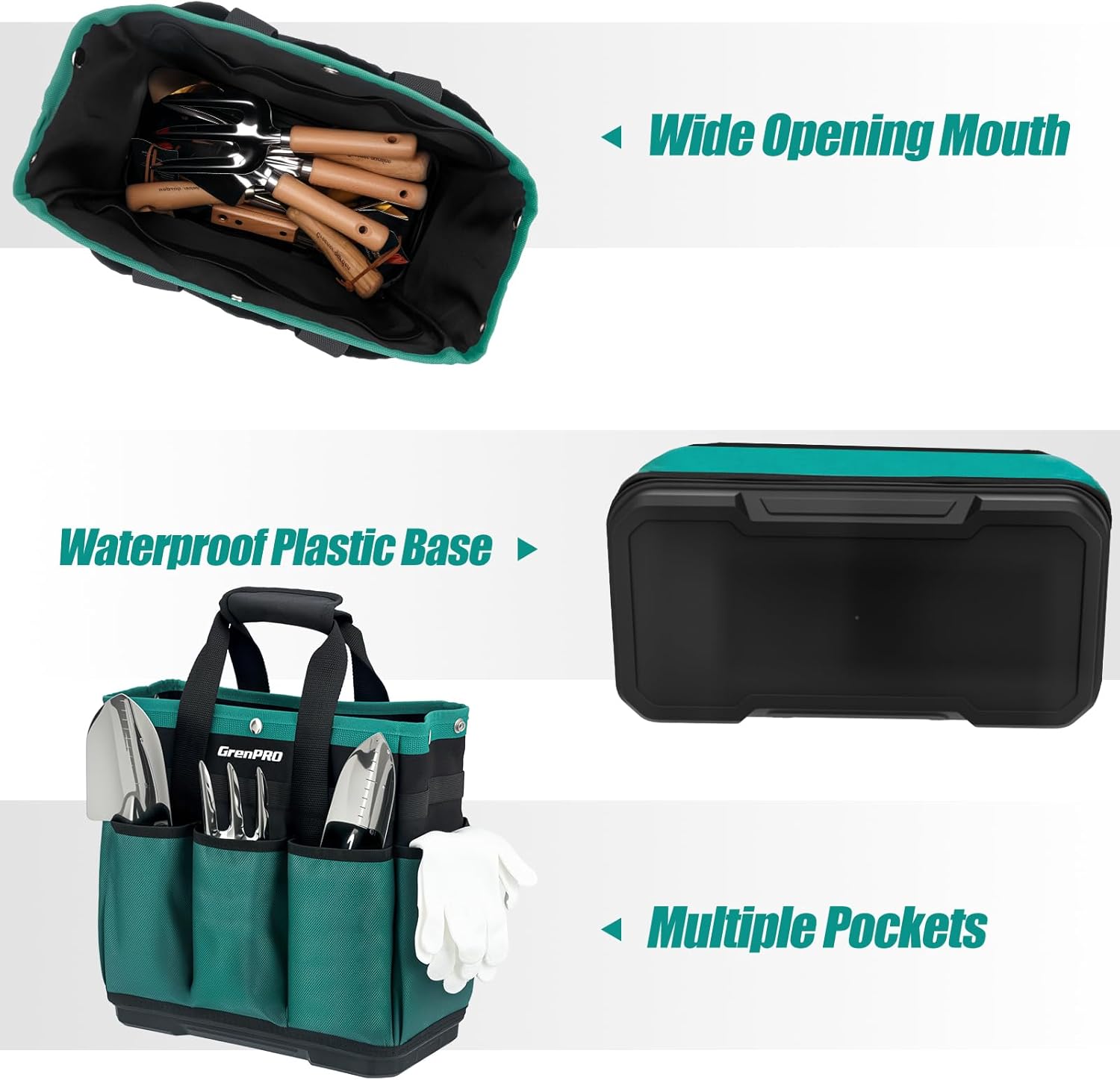 Heavy Duty Garden Tool Bag, Molded Bottom, 10 Pockets, Dark Green | Reinforced garden organizer tote stands upright with a molded base and top snap closure for tool storage. Tools not included - view 4