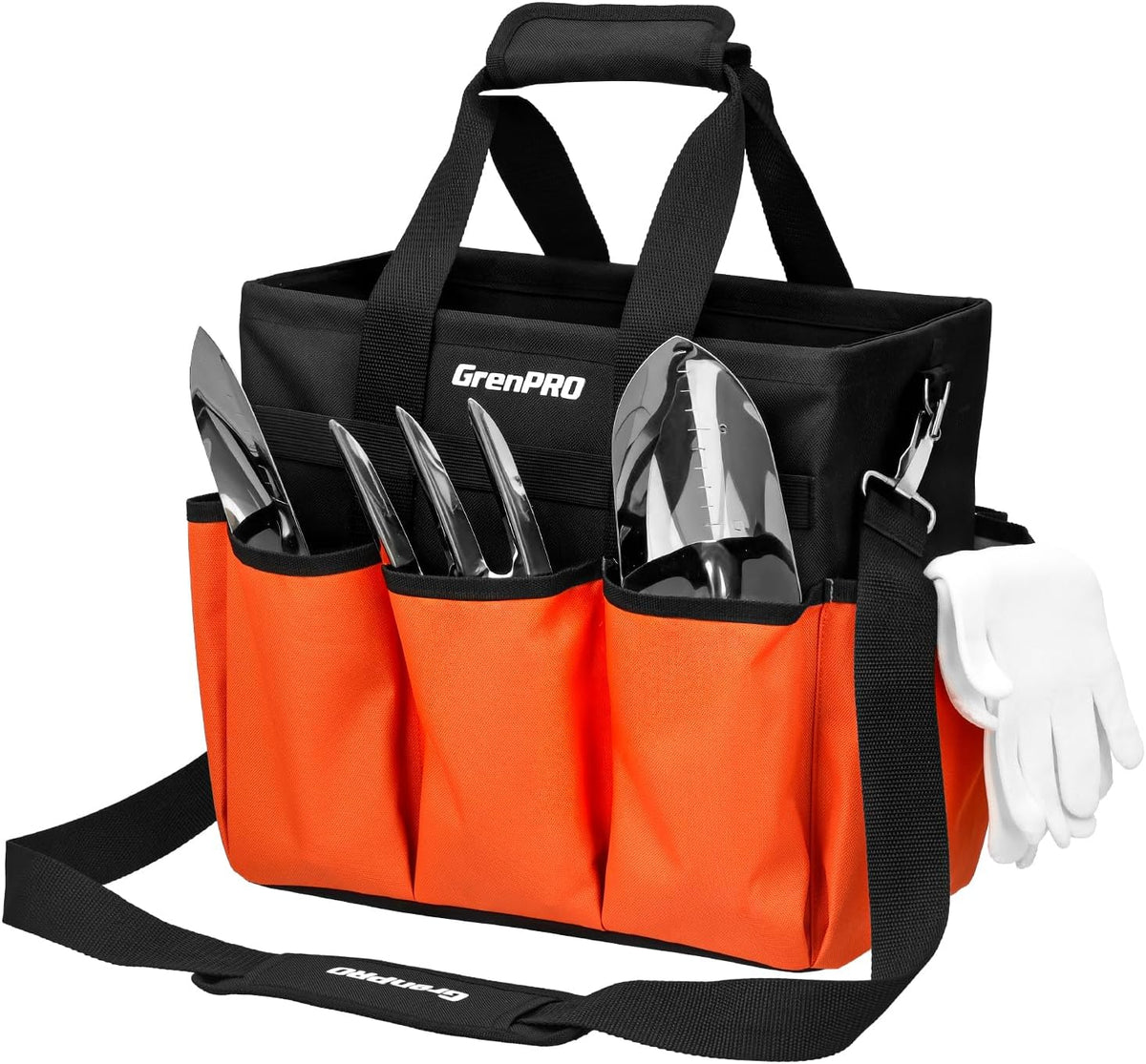 Heavy Duty Garden Tool Bag, Molded Bottom, 10 Pockets, Dark Green | Reinforced garden organizer tote stands upright with a molded base and top snap closure for tool storage. Tools not included - view 8