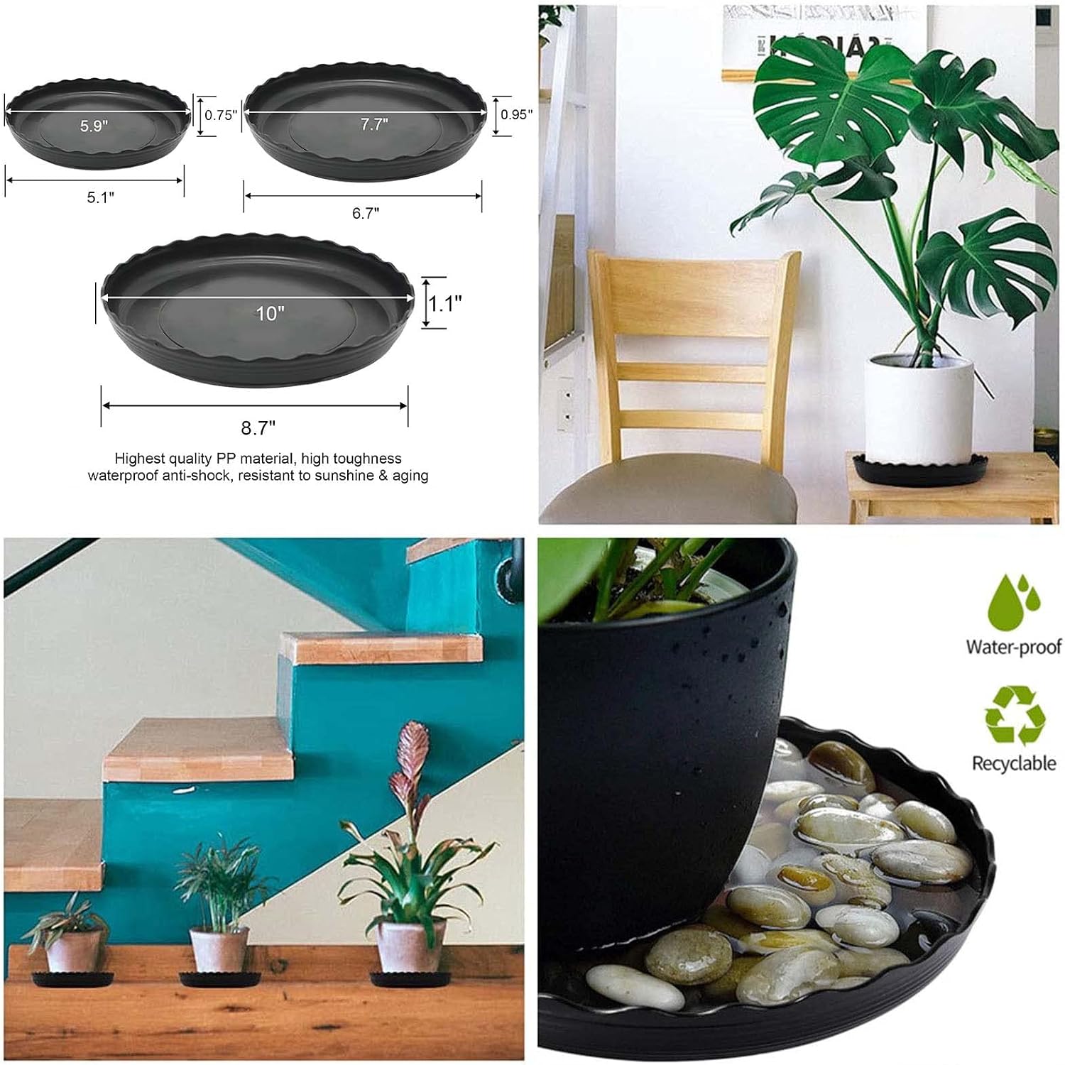 12pcs plant saucer, 6 8 10 inch durable plastic plant tray, black round plant pot saucers, drip tray for indoor and outdoor garden - view 5