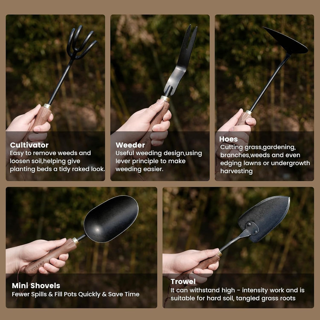 Garden Tool Set, 5PCS Gardening Tools, Stainless Steel Heavy Duty Hand Cultivator, Hoes, Shovel, Trowel and Weeder with Ergonomic Walnut Handle, Gardening Gifts for Women - view 3