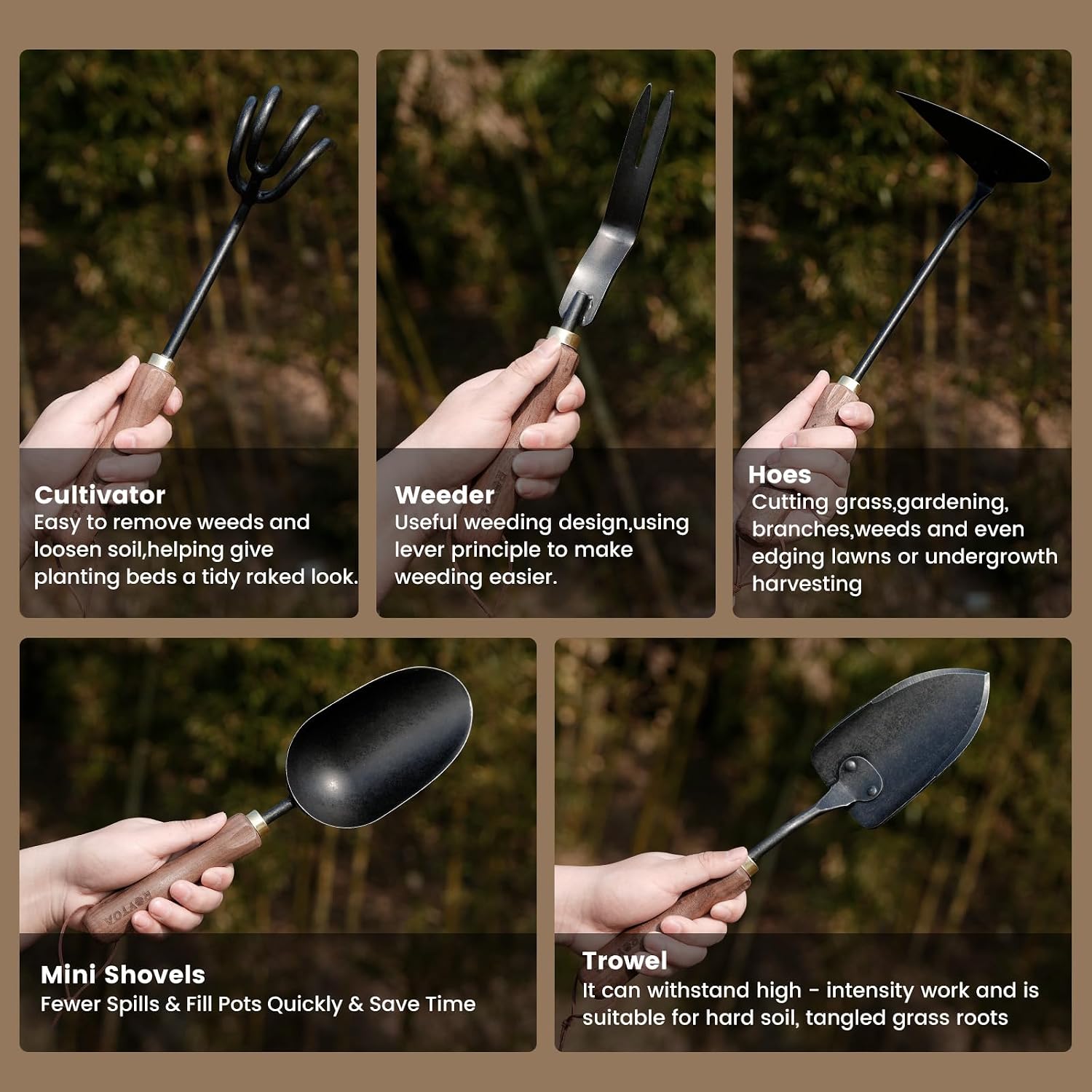 Garden Tool Set, 5PCS Gardening Tools, Stainless Steel Heavy Duty Hand Cultivator, Hoes, Shovel, Trowel and Weeder with Ergonomic Walnut Handle, Gardening Gifts for Women - view 3