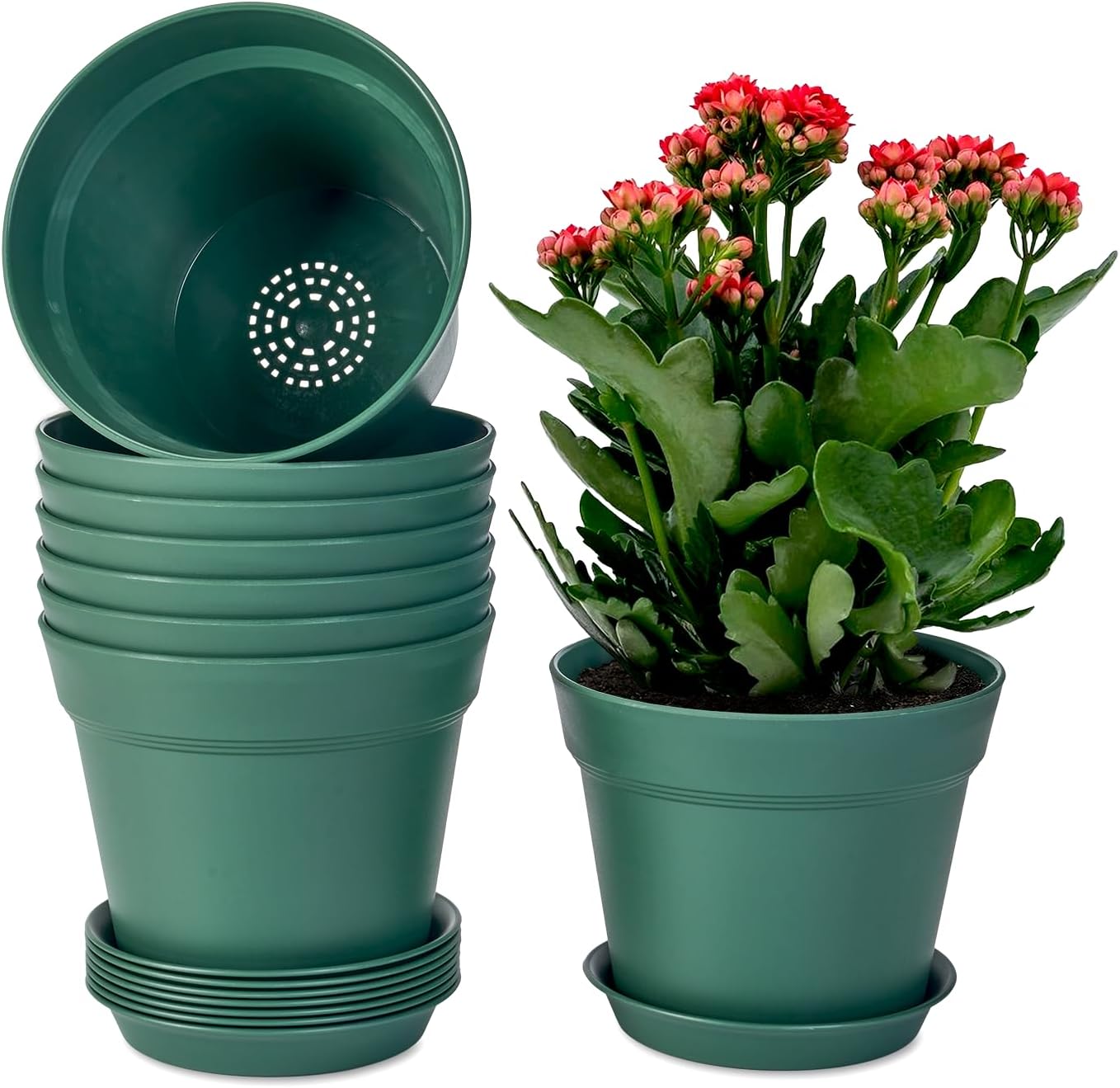7.5 Inch Plastic Flower Pots with Drainage Holes and Trays (8 Pcs) | Cream white indoor planters suit orchids, snake plants, herbs and succulents for windowsills, balconies, gardens and offices. - view 7