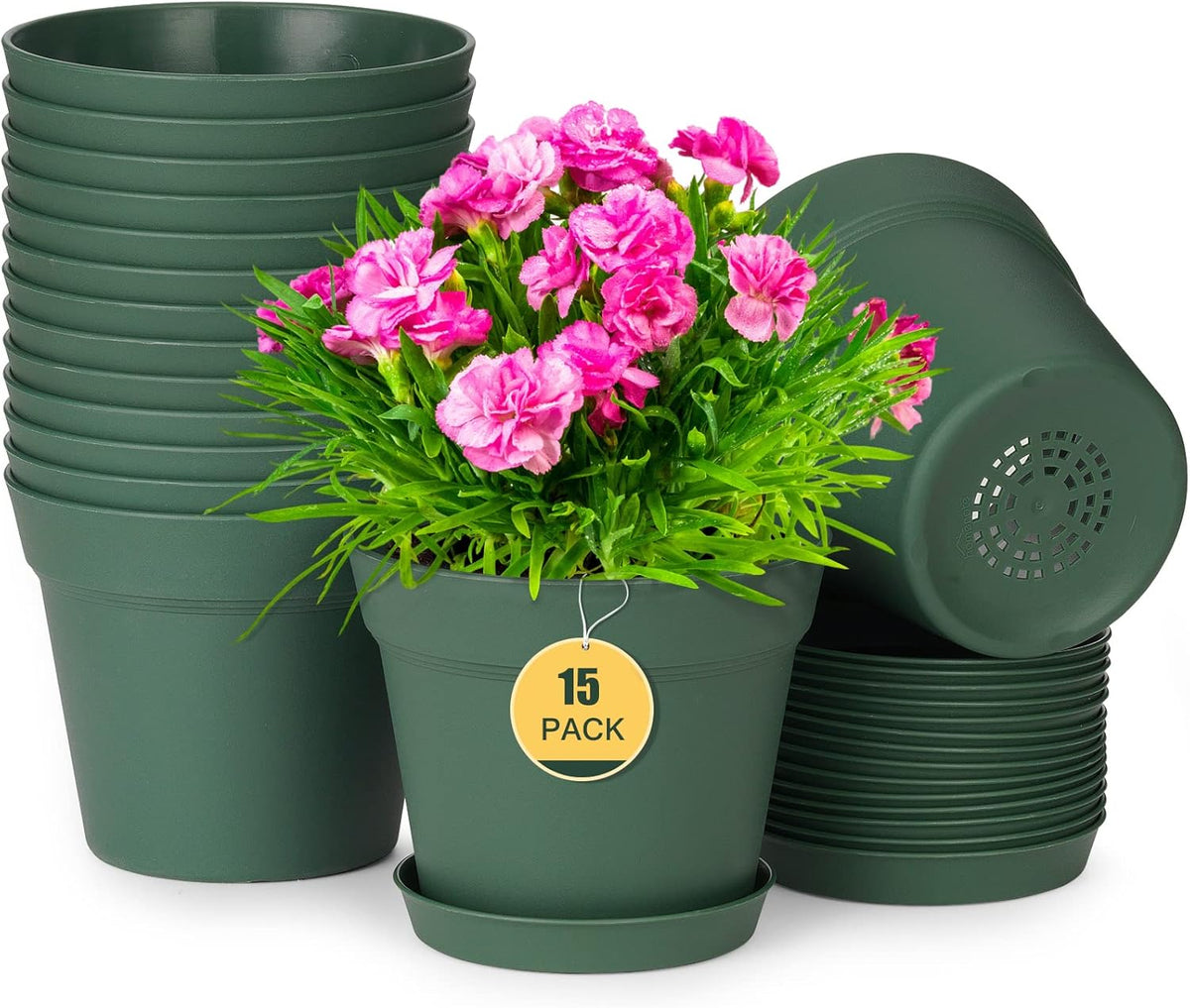 7.5 Inch Plastic Flower Pots with Drainage Holes and Trays (8 Pcs) | Cream white indoor planters suit orchids, snake plants, herbs and succulents for windowsills, balconies, gardens and offices. - view 6