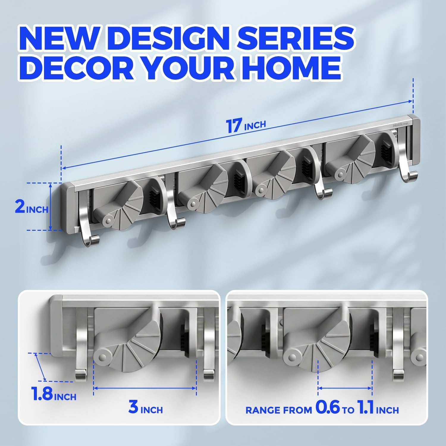 Mop Broom Holder Wall Mount Metal Pantry Organization and Storage Garden Kitchen Tool Organizer Wall Hanger for Home Goods (4 Positions with 4 Hooks, Silver) - view 6