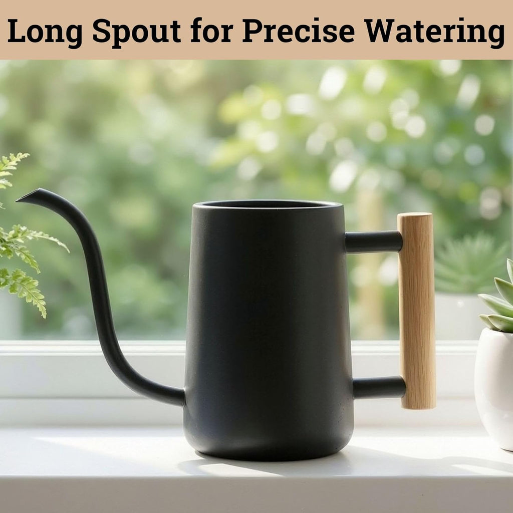 Metal small indoor watering can with long spout & real wood handle, 35oz | long spout, stainless steel, real wood handle, gentle flow, no spills, suitable for house plants, succulents & seedlings - view 8