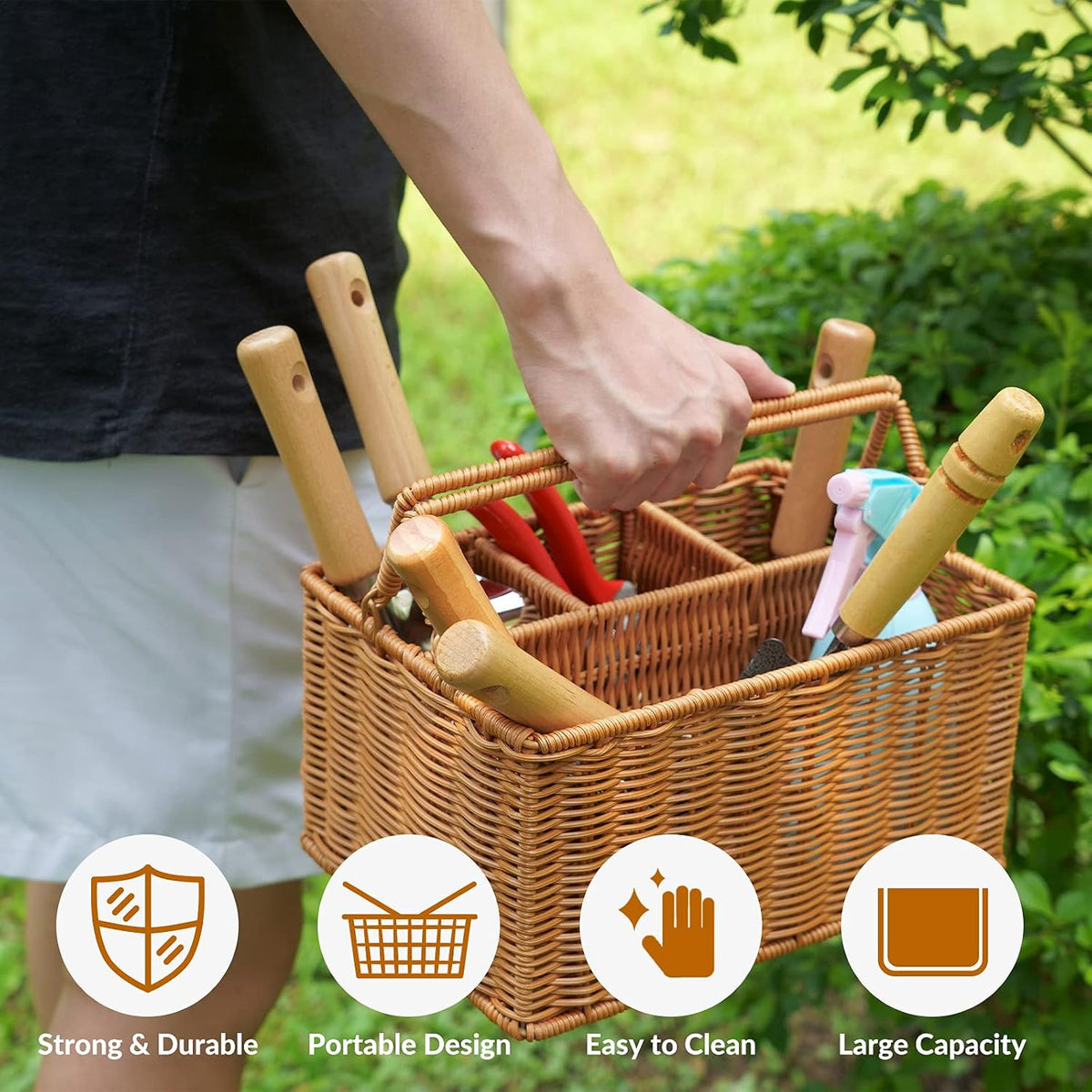 8 Piece Garden Tools Set with Basket, Gardening Gifts for Women Men | Heavy Duty Stainless Steel Pruning Shears, Trowels, Weeder, Rake, Garden Hand Tools And Gloves With Wood Handles - view 4