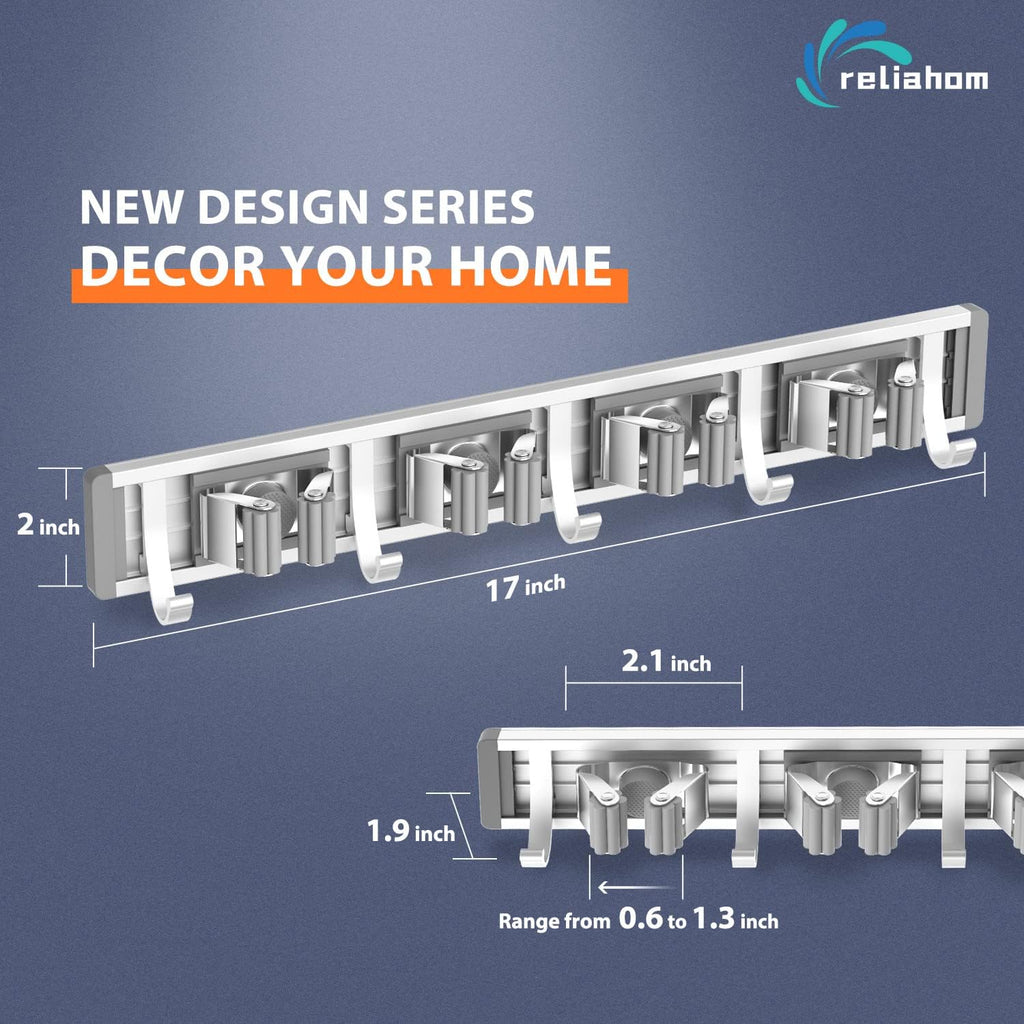 Broom Holder Wall Mount Mop Hanger Tools organizer 4Racks 5Hooks | Adjustable Mop Broom Wall Hanging Heavy duty Tools Storage Rack Space-saving for Garage,Kitchen,Laundry Room,Garden, Silver - view 6