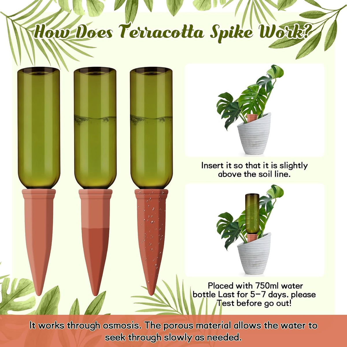 12 Pcs Watering Spikes for Indoor Plants Include Terracotta Self Watering Spikes Devices and 26 oz Plastic Bottles Slow Release Vacation Insert Automatic(Green) - view 3