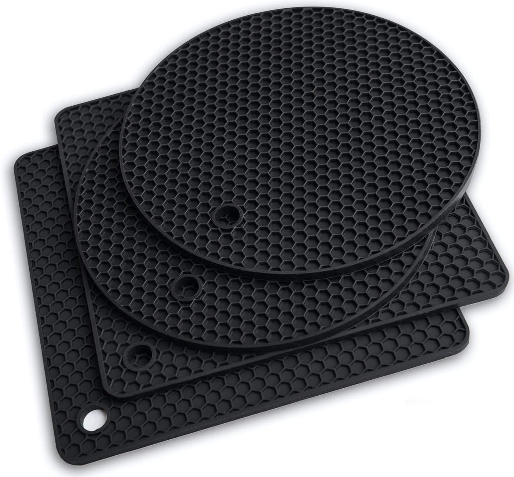 Silicone trivet for hot dishes. Silicone pot holders are heat resistant mats for countertop up to 440°F, multipurpose - non slip jar opener hot disher spoon rest food grade & BPA free (black)