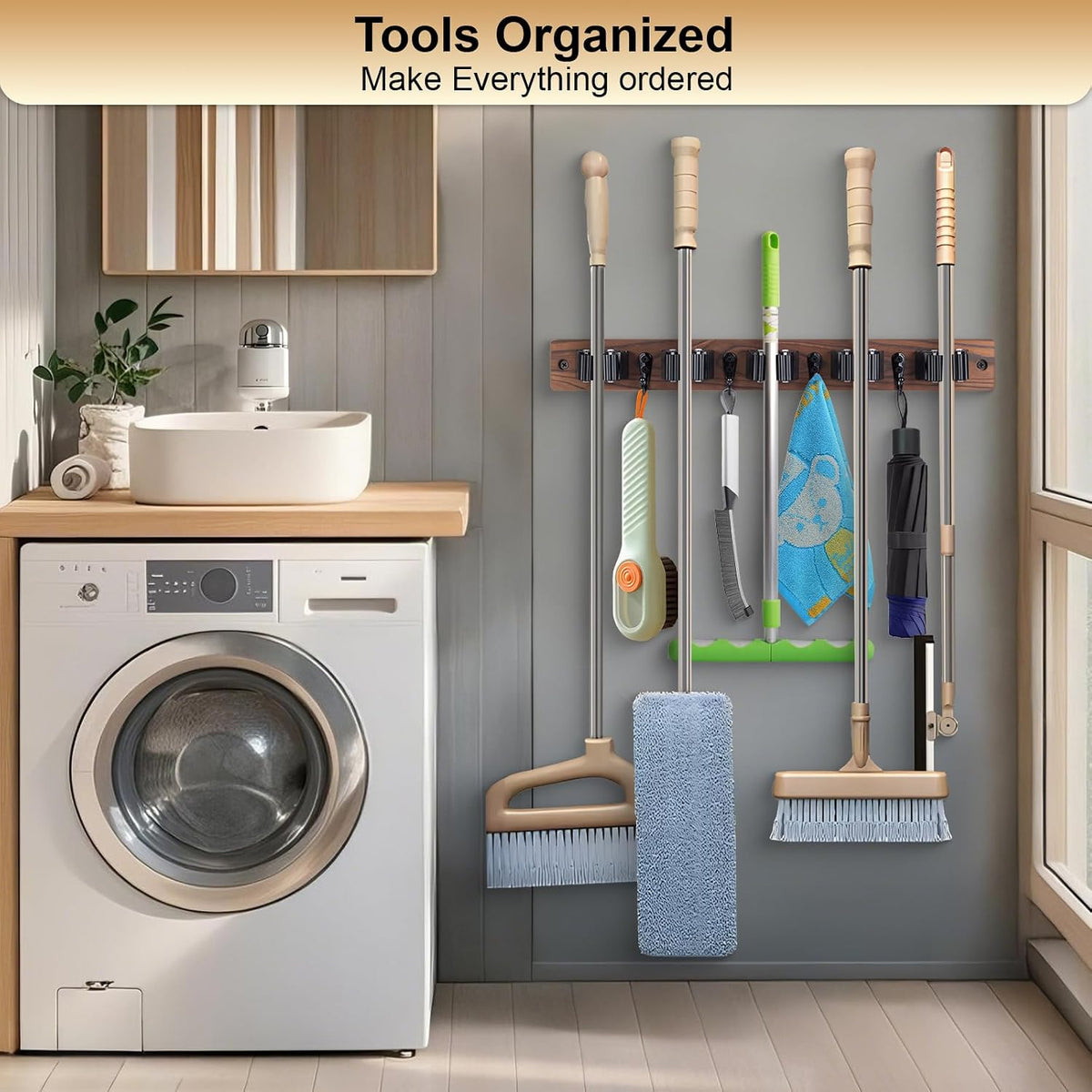 Broom Holder Wall Mount With 5 Slots & 4 Hooks，Rustic Wood Broom & Mop Hanger，Wall Mounted Garden & Garage Tool Storage Organizer Rack for Closet Laundry Room or Kitchen Wall Decor - view 2