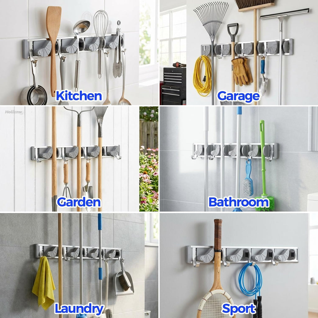 Mop Broom Holder Wall Mount Metal Pantry Organization and Storage Garden Kitchen Tool Organizer Wall Hanger for Home Goods (4 Positions with 4 Hooks, Silver) - view 5