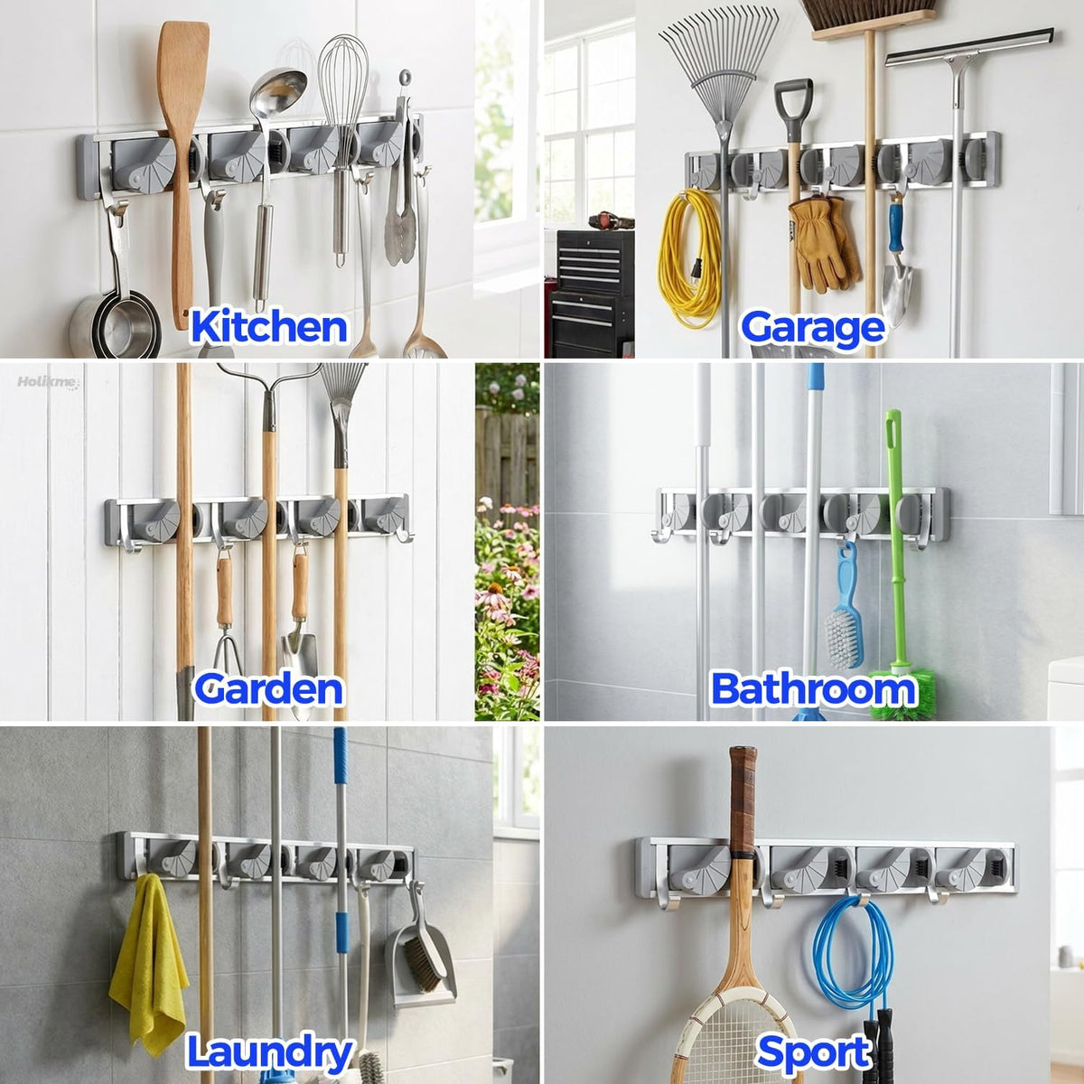 Mop Broom Holder Wall Mount Metal Pantry Organization and Storage Garden Kitchen Tool Organizer Wall Hanger for Home Goods (4 Positions with 4 Hooks, Silver) - view 5