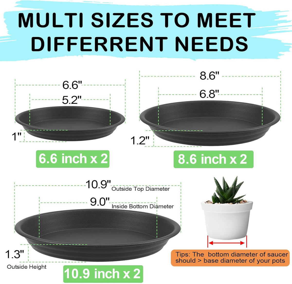 6 pcs plastic plant saucer plant trays for pots 6 8 10 inch assorted sizes | thick multi size pack plant water catcher tray for indoors potted plant planter base saucers drainage drip dish plate outdoor - view 2