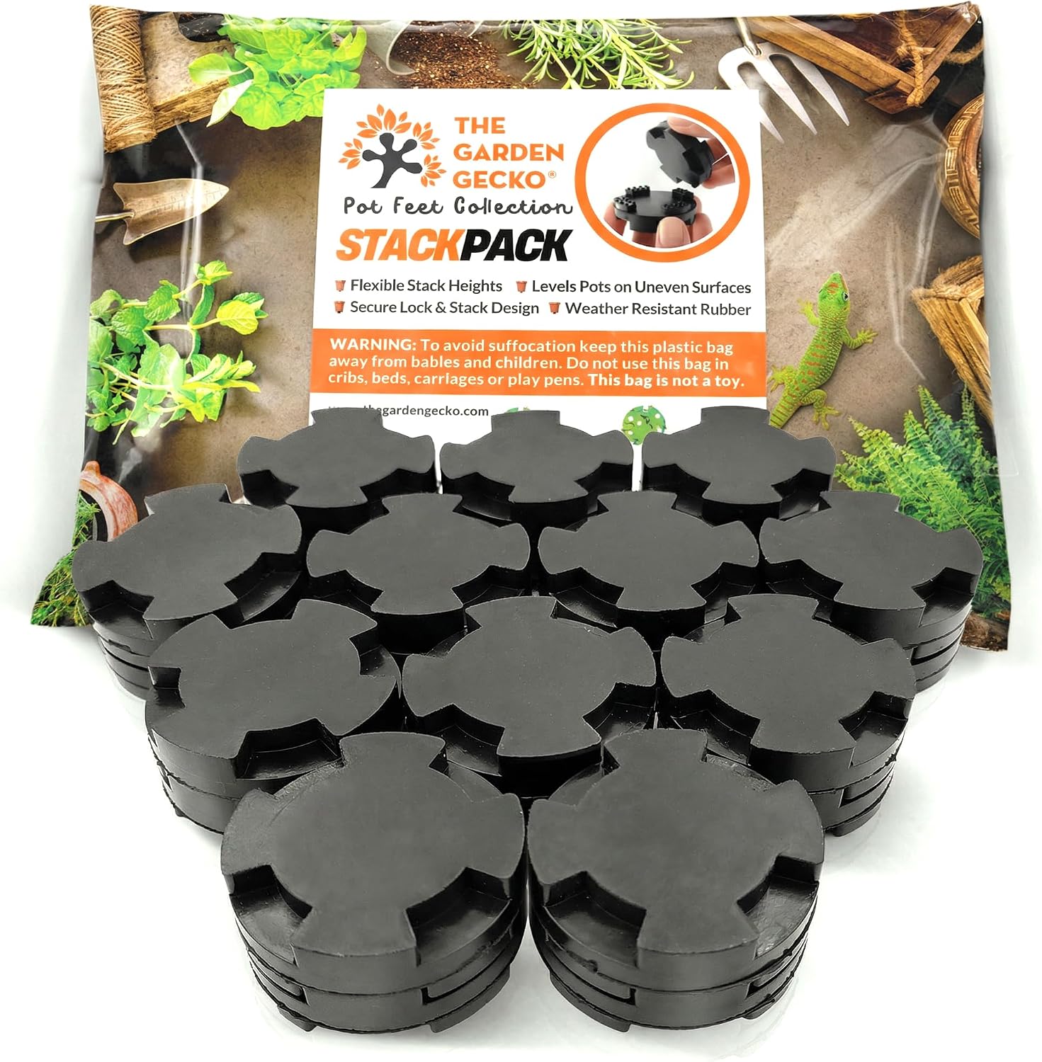 Stack Pack Plant Pot Feet, Outdoor Pot Feet, 24 Pack | EPDM rubber stackable pot risers, adjustable height, patios, decks, balconies and garden planters
