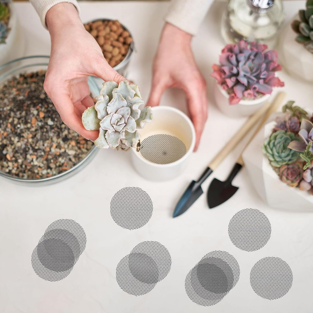 Bonsai mesh for plant pot drainage screen 2 inch, 100 pcs plastic round flower pot hole mesh screen cover pad, planter bottom drainage inserts grid mat for potted succulent - view 3