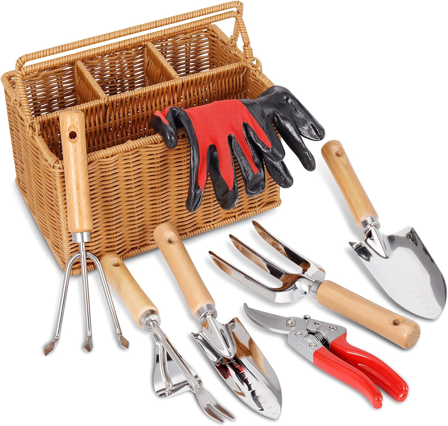 8 Piece Garden Tools Set with Basket, Gardening Gifts for Women Men | Heavy Duty Stainless Steel Pruning Shears, Trowels, Weeder, Rake, Garden Hand Tools And Gloves With Wood Handles