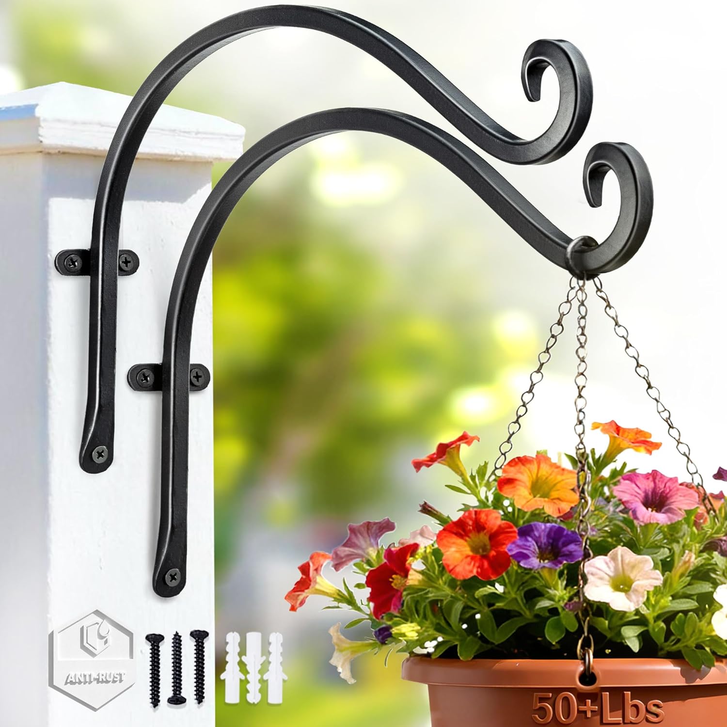 Heavy-Duty Plant Hanger Outdoor: 50 Lbs Wall Mount Bracket Hook | 12 Inch / 2 Pieces Hanging Metal Bracket for Wooden Fence, Rust Proof Solid Iron, Hardware for Brick Wall, Yard Decor