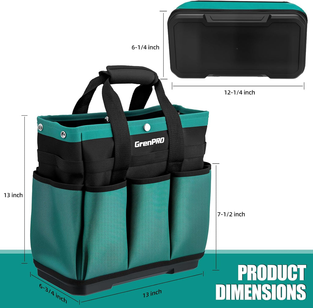 Heavy Duty Garden Tool Bag, Molded Bottom, 10 Pockets, Dark Green | Reinforced garden organizer tote stands upright with a molded base and top snap closure for tool storage. Tools not included - view 2