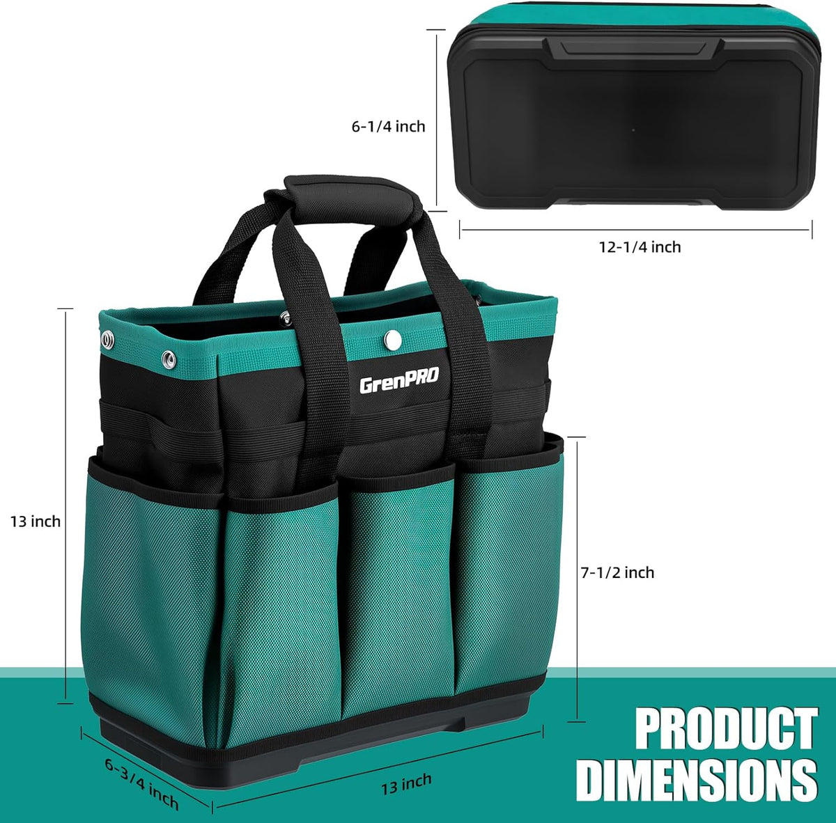 Heavy Duty Garden Tool Bag, Molded Bottom, 10 Pockets, Dark Green | Reinforced garden organizer tote stands upright with a molded base and top snap closure for tool storage. Tools not included - view 2