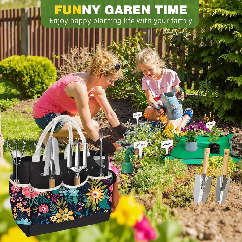 22pcs gardening tools set for women heavy duty garden hand tool kit birthday gifts for mom her wife grandma beginner gardening accessories with tote bag/shovel/repotting mat/plant labels/gloves-black - view 6