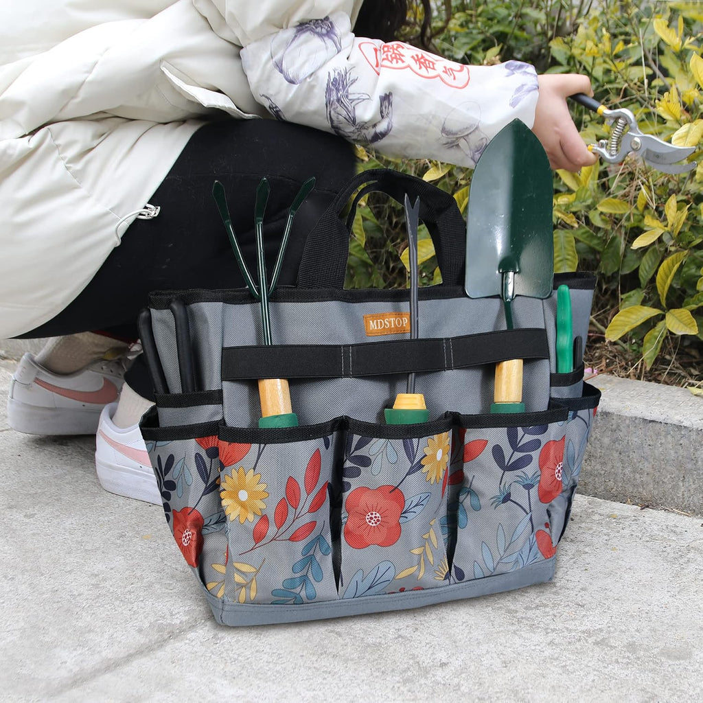 Garden Tool Bag, Garden Tool Kit Holder Home Organizer Storage Carrier, Oxford Garden Hand Tool Storage Tote Organizer with Handle and 8 Roomy Pockets, Floral Gardening Gift, Tools Not Included - view 7