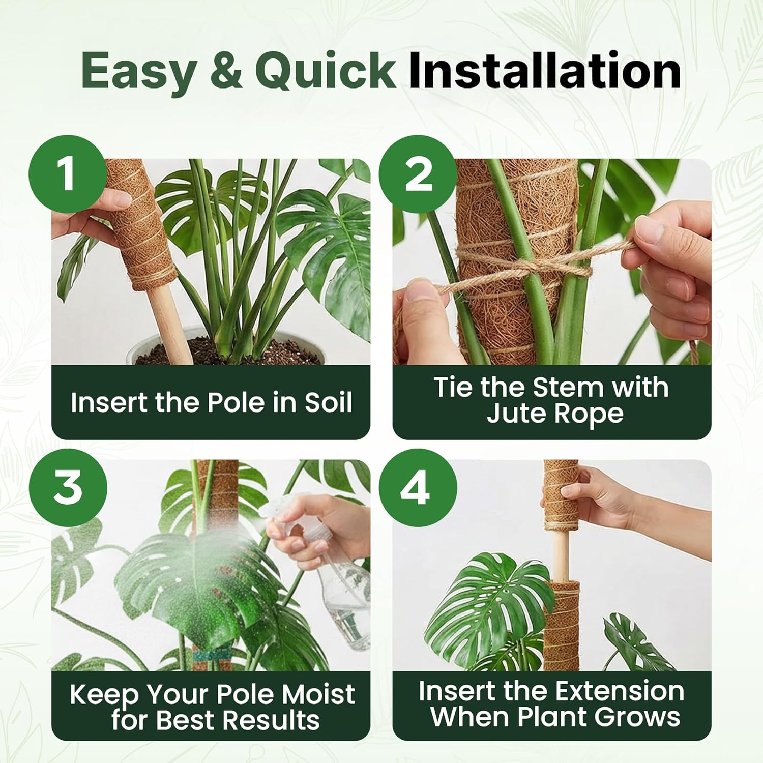 4 pack 16" moss pole plant support - stackable up to 48" - plant stakes for indoor climbing plants potted - tall coco coir pole sticks & accessories for climbing plants - view 5