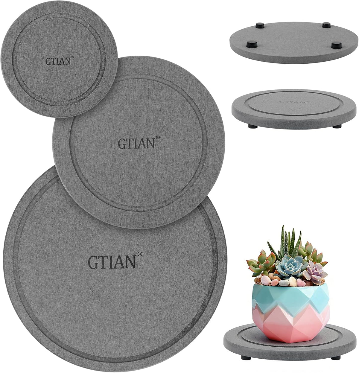 3-Pack Diatomaceous Earth Instant Drying Plant Saucers with Rubber Feet | 4/6/8 Inch, Indoor Pot Trays for Drip & Drainage, Decorative Plant Drainage Tray for Flower and Plant Pot