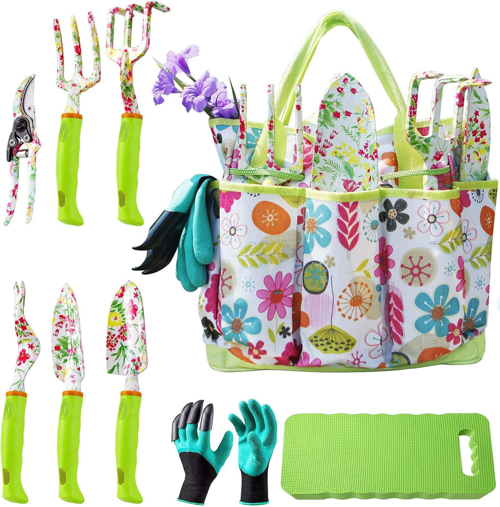 Garden Tool Set,Cute Gardening Gifts for Women,Birthday Gifts for Mom,Heavy Duty Tool Kit with Gloves,Garden Tote,Kneeling Pad,Hand Pruner,Trowel,Hand Rake,Weeder,Fork,Transplanter,Multicolor