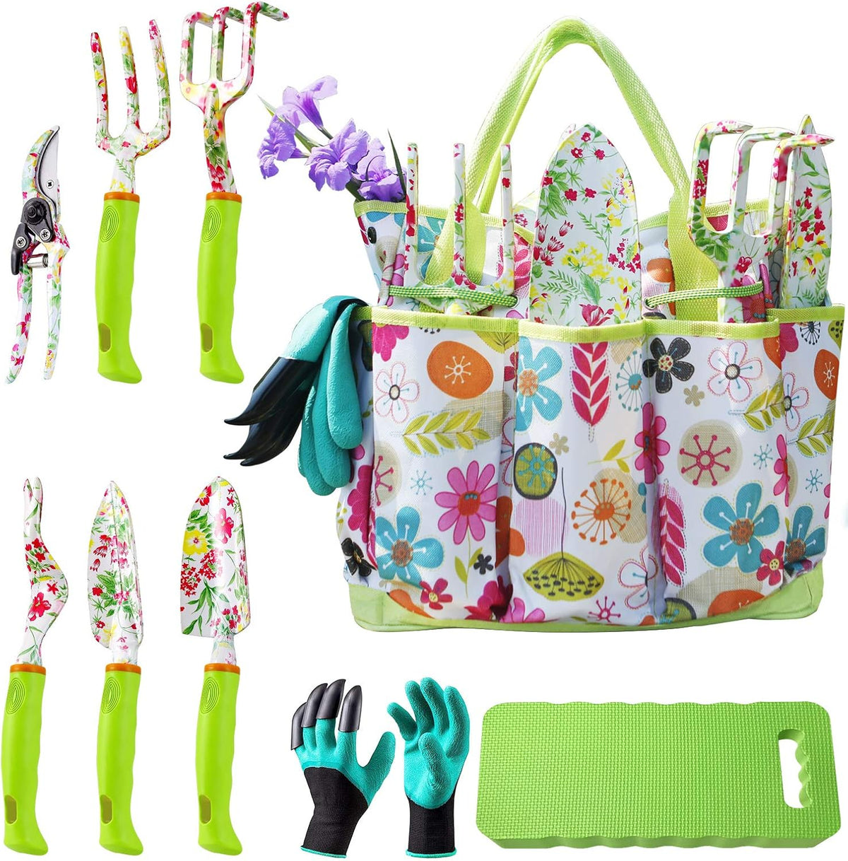 Garden Tool Set,Cute Gardening Gifts for Women,Birthday Gifts for Mom,Heavy Duty Tool Kit with Gloves,Garden Tote,Kneeling Pad,Hand Pruner,Trowel,Hand Rake,Weeder,Fork,Transplanter,Multicolor